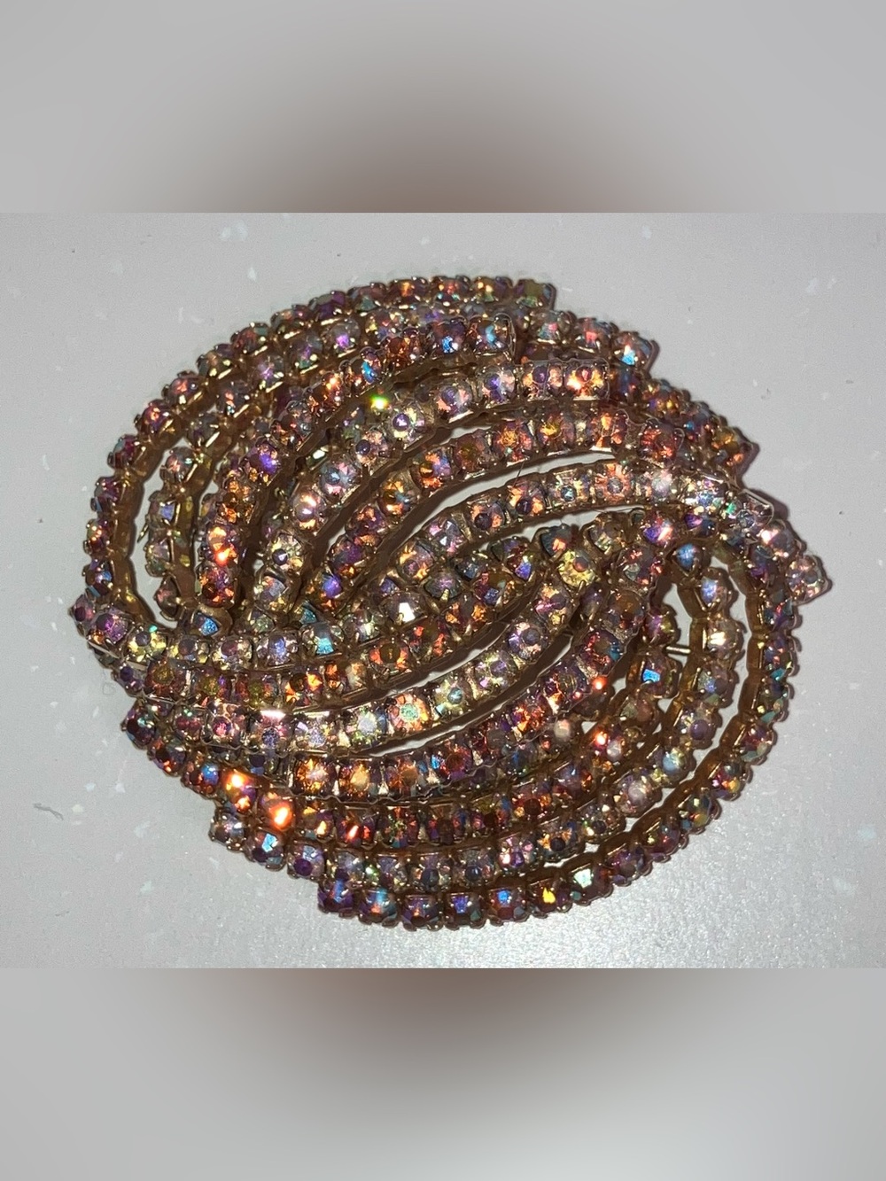 Vintage AB Rhinestone Geometric Spiral Brooch Pin 3D Coil 2.5”